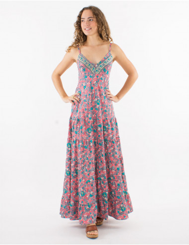 Long polyester dress with straps and "sari" print