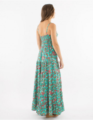 Long polyester dress with straps and "sari" print