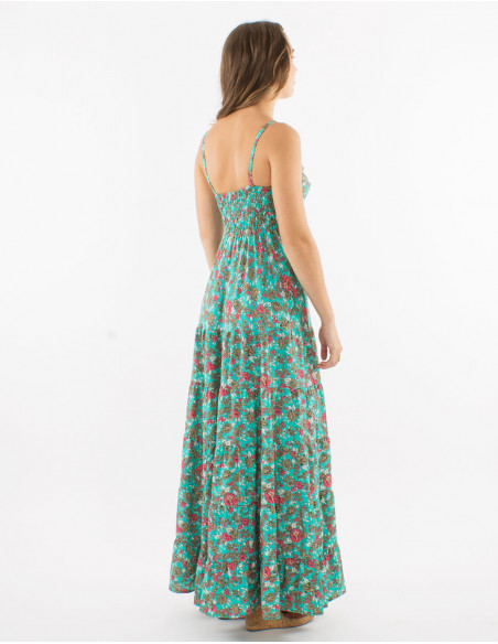Long polyester dress with straps and "sari" print