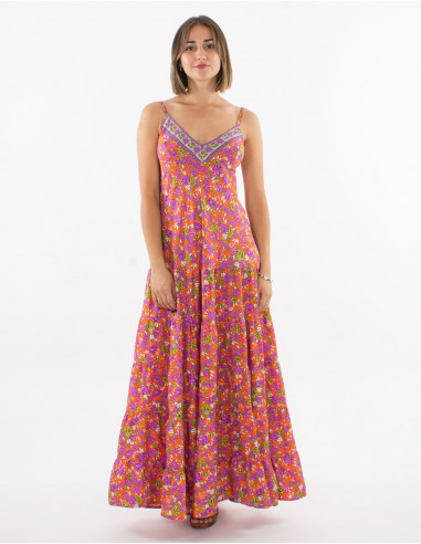 Long polyester dress with straps and "sari" print