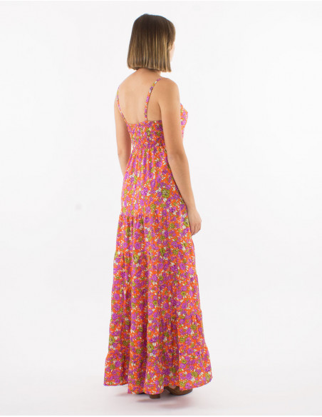 Long polyester dress with straps and "sari" print