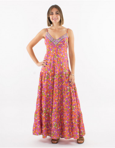 Long polyester dress with straps and "sari" print