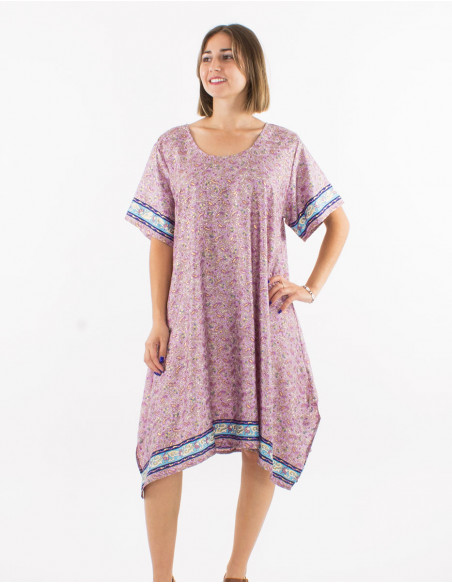 Polyester dress with short sleeves and "sari" print
