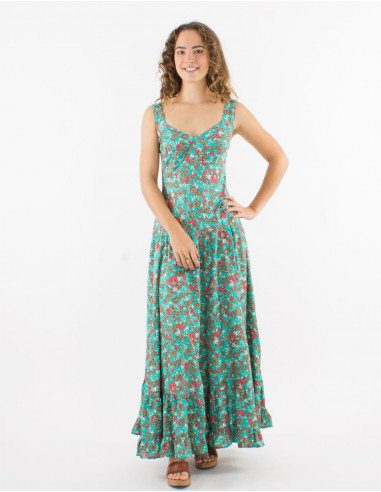 Long polyester dress with large straps and "sari" print