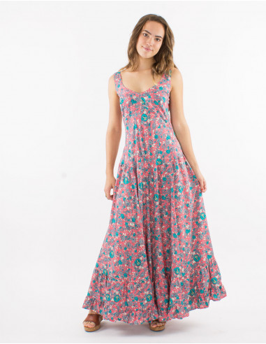 Long polyester dress with large straps and "sari" print