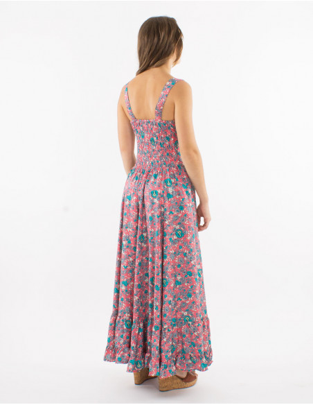 Long polyester dress with large straps and "sari" print