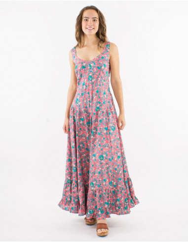 Long polyester dress with large straps and "sari" print