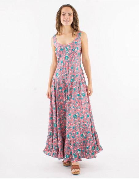 Long polyester dress with large straps and "sari" print