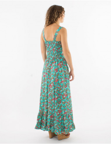 Long polyester dress with large straps and "sari" print