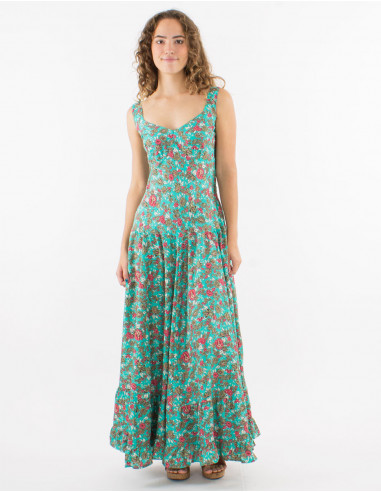Long polyester dress with large straps and "sari" print