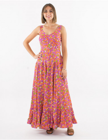 Long polyester dress with large straps and "sari" print