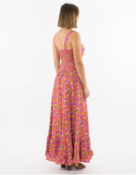 Long polyester dress with large straps and "sari" print