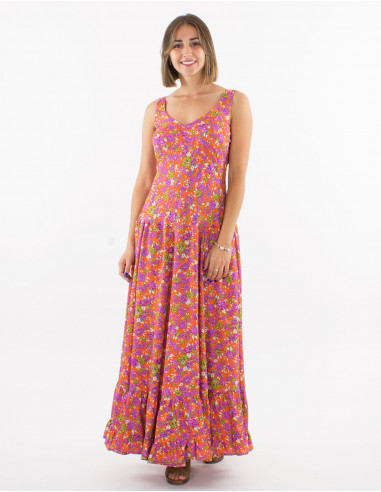 Long polyester dress with large straps and "sari" print