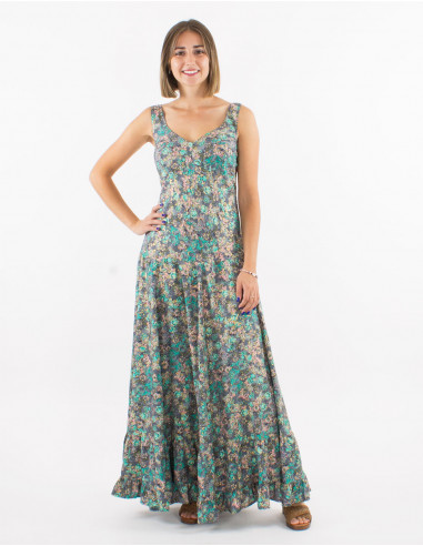 Long polyester dress with large straps and "dore" print