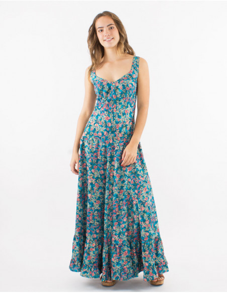 Robe longue polyester bretelles larges sari imprimé doré