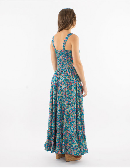 Long polyester dress with large straps and "dore" print