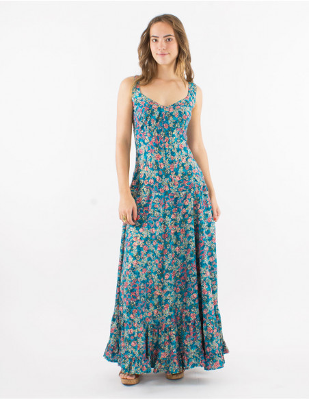 Long polyester dress with large straps and "dore" print