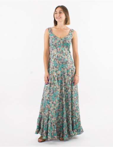 Long polyester dress with large straps and "dore" print