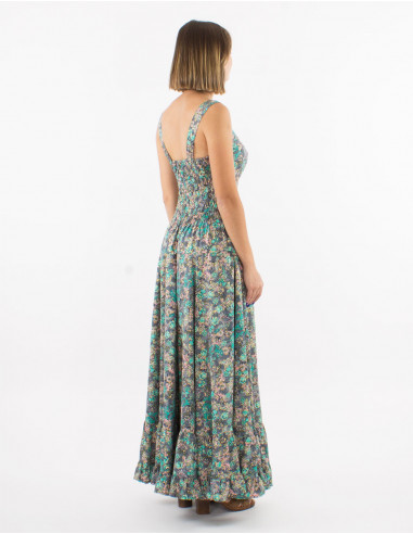Long polyester dress with large straps and "dore" print
