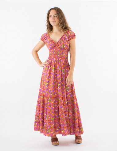 Long polyester ruffled dress with elastic size and "sari" print