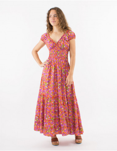 Robe longue polyester à volants taille élastique sari imprimé