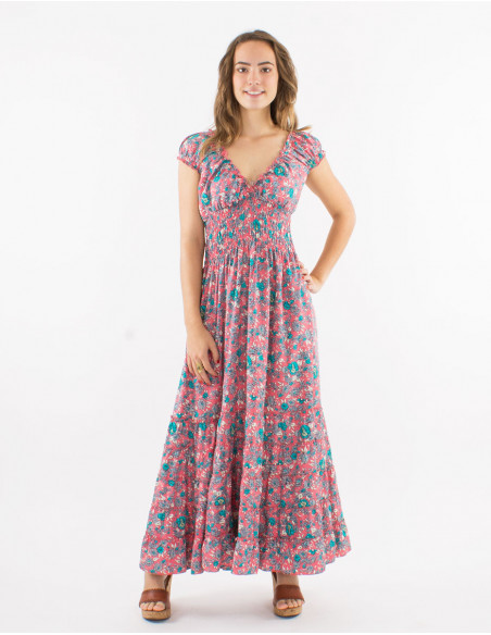 Long polyester ruffled dress with elastic size and "sari" print