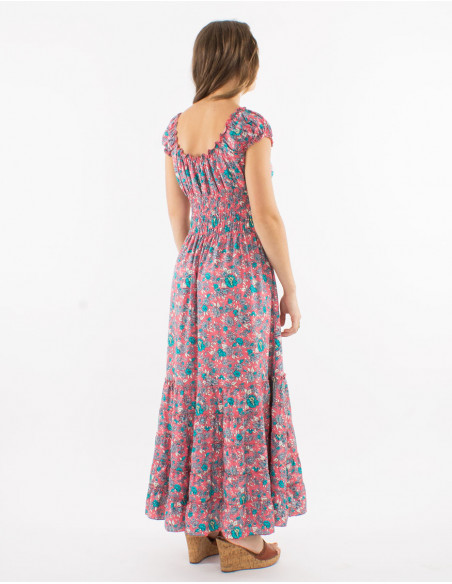 Long polyester ruffled dress with elastic size and "sari" print