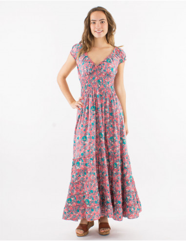 Long polyester ruffled dress with elastic size and "sari" print