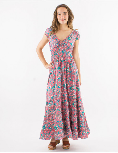 Long polyester ruffled dress with elastic size and "sari" print