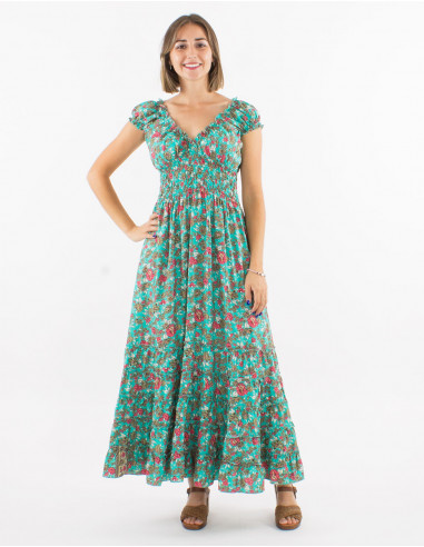 Long polyester ruffled dress with elastic size and "sari" print