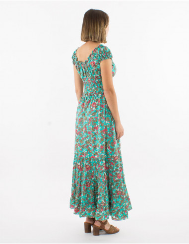 Long polyester ruffled dress with elastic size and "sari" print