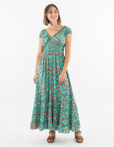 Long polyester ruffled dress with elastic size and "sari" print