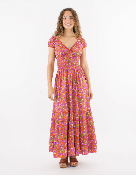 Long polyester ruffled dress with elastic size and "sari" print