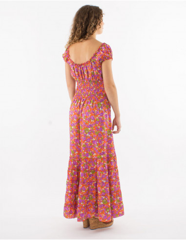 Long polyester ruffled dress with elastic size and "sari" print