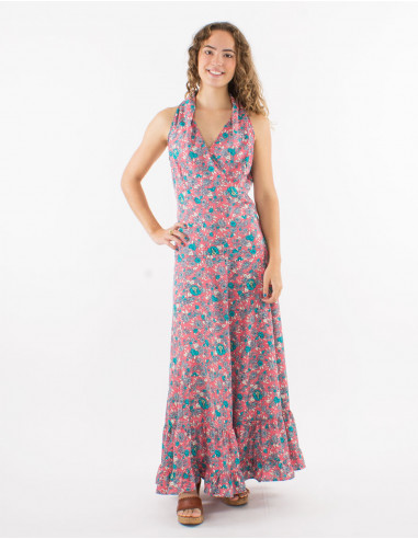 Long polyester sleeveless dress and "sari" print