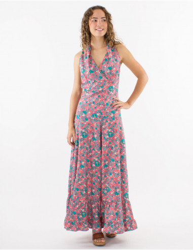 Long polyester sleeveless dress and "sari" print