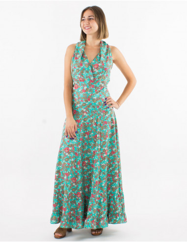 Long polyester sleeveless dress and "sari" print