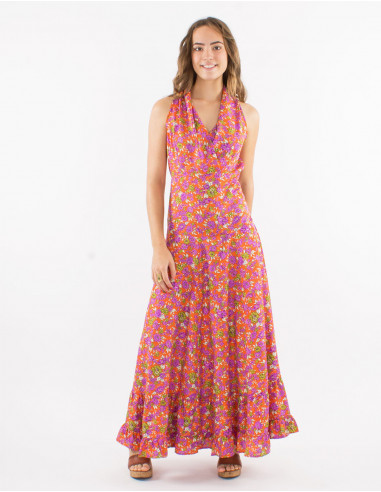 Long polyester sleeveless dress and "sari" print