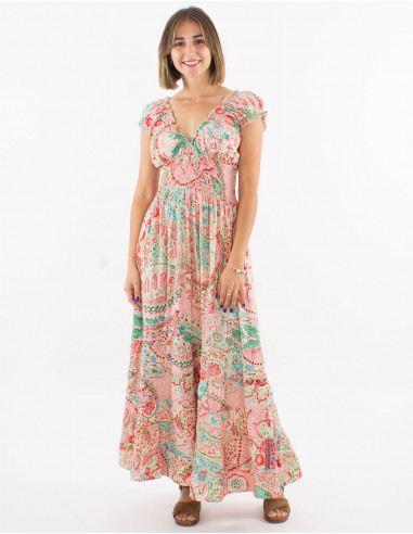 Robe longue polyester à volants taille élastique sari imprimé