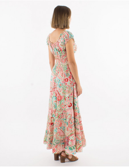 Robe longue polyester à volants taille élastique sari imprimé