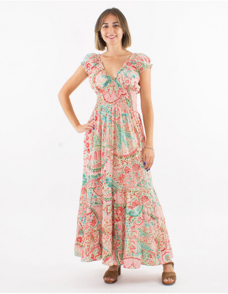 Robe longue polyester à volants taille élastique sari imprimé