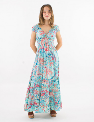 Robe longue polyester à volants taille élastique sari imprimé