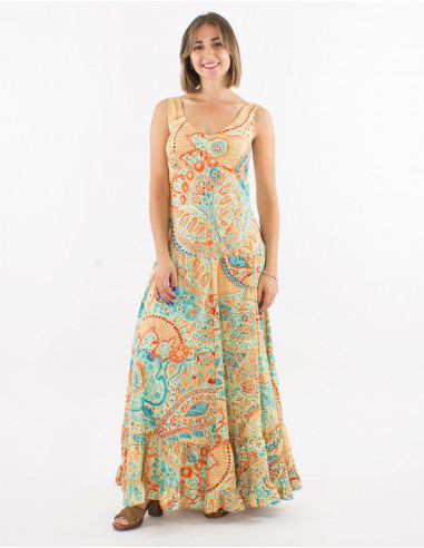 Long polyester "sari" large straps dress with "zaari print" and silver thread embroidered