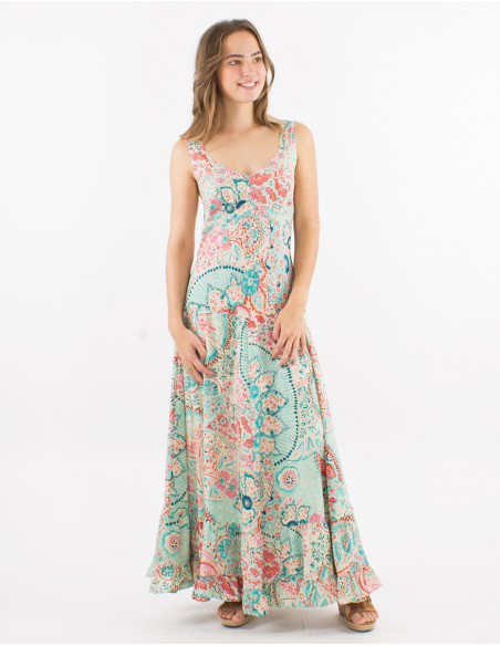 Long polyester "sari" large straps dress with "zaari print" and silver thread embroidered