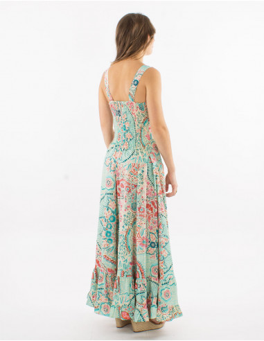 Long polyester "sari" large straps dress with "zaari print" and silver thread embroidered