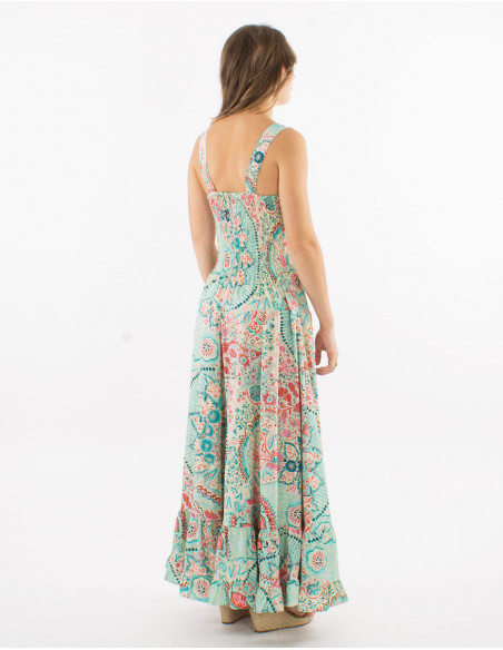 Long polyester "sari" large straps dress with "zaari print" and silver thread embroidered