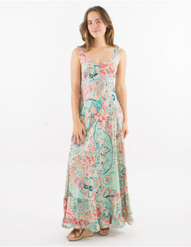 Long polyester "sari" large straps dress with "zaari print" and silver thread embroidered