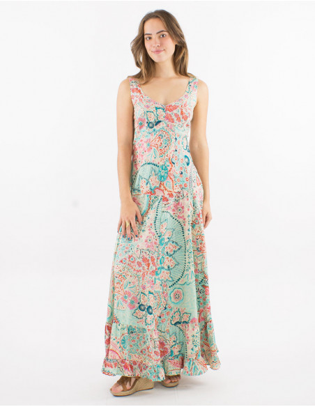 Long polyester "sari" large straps dress with "zaari print" and silver thread embroidered