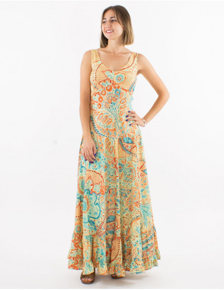 Long polyester "sari" large straps dress with "zaari print" and silver thread embroidered