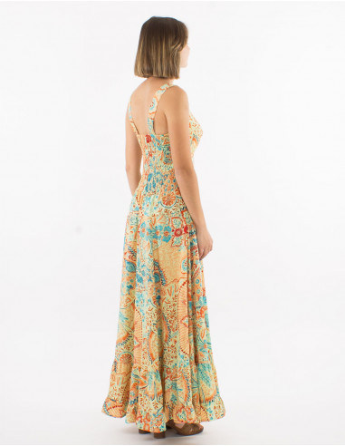 Long polyester "sari" large straps dress with "zaari print" and silver thread embroidered